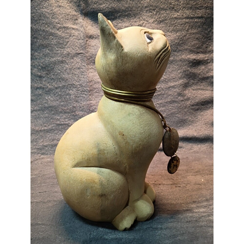 Vintage Hand Carved Wooden Cat Folk Art Sculpture Brass Collar Rustic Whimsical - Picture 3 of 14